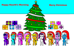Size: 2374x1486 | Tagged: safe, artist:samueljcollins1990, applejack, fluttershy, pinkie pie, rainbow dash, rarity, starlight glimmer, sunset shimmer, trixie, twilight sparkle, alicorn, pony, g4, christmas, christmas presents, christmas tree, happy hearth's warming, hat, hearth's warming, holiday, mane nine, mane six, merry christmas, santa hat, tree, twilight sparkle (alicorn)