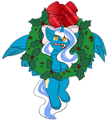 Size: 743x836 | Tagged: safe, artist:mitsuyotsukaze, oc, oc:fleurbelle, alicorn, pony, adorabelle, adorable face, alicorn oc, bow, candy, candy cane, chibi, christmas, cute, female, food, hair bow, holiday, holly, horn, looking at you, mare, ribbon, wreath, yellow eyes