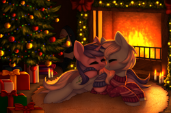 Size: 3500x2324 | Tagged: safe, artist:avrameow, sea swirl, seafoam, oc, oc:eula phi, pony, unicorn, g4, background pony, blushing, candle, canon x oc, clothes, eyes closed, female, fire, fireplace, hearth's warming, hearth's warming tree, high res, holiday, lesbian, mare, present, shipping, sweater, tree