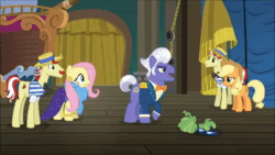 Size: 1280x720 | Tagged: safe, screencap, applejack, flam, flim, fluttershy, gladmane, earth pony, pegasus, pony, unicorn, g4, viva las pegasus, animated, clothes, dress, female, flim flam brothers, frown, impossibly rich, laughing, male, mare, nose in the air, sad, sound, stallion, webm