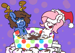 Size: 1700x1200 | Tagged: safe, artist:threetwotwo32232, oc, oc only, oc:bizarre song, oc:sugar morning, pegasus, pony, antlers, christmas, female, hat, holiday, male, mare, mug, reindeer antlers, santa hat, stallion