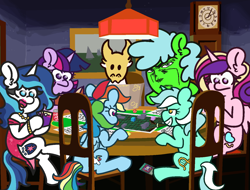 Size: 1410x1070 | Tagged: safe, artist:threetwotwo32232, lyra heartstrings, princess cadance, rainbow dash, shining armor, twilight sparkle, pegasus, pony, unicorn, g4, bracelet, clothes, crossdressing, dogs playing poker, dress, dungeons and dragons, eyeshadow, female, grandfather clock, jewelry, lipstick, makeup, mare, necklace, parody, pen and paper rpg, phone, rpg, yugioh card