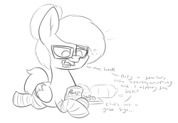 Size: 2101x1457 | Tagged: safe, artist:moonatik, oc, oc only, oc:moonatik, pegasus, pony, chocolate, clothes, doodle, food, glasses, hair bun, hearth's warming eve, male, peanut butter, reese's peanut butter cups, sketch, socks, solo, striped socks