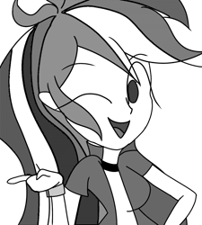 Size: 1079x1200 | Tagged: safe, artist:treble clefé, rainbow dash, equestria girls, g4, eye clipping through hair, eyebrows, eyebrows visible through hair, female, grayscale, monochrome, one eye closed, simple background, solo, transparent background, wink