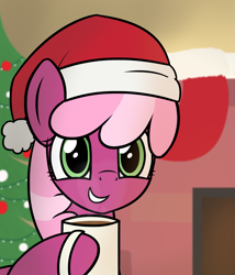 Size: 1667x1949 | Tagged: safe, artist:czu, cheerilee, earth pony, pony, g4, cheeribetes, chocolate, christmas, christmas stocking, cute, female, food, hat, holiday, hot chocolate, santa hat, smiling, solo