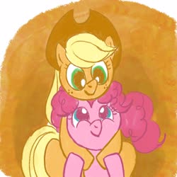 Size: 2048x2048 | Tagged: safe, artist:laya-21, applejack, pinkie pie, earth pony, pony, g4, duo, female, high res, hug, hug from behind, lesbian, ship:applepie, shipping