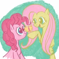 Size: 2048x2048 | Tagged: safe, artist:laya-21, fluttershy, pinkie pie, butterfly, earth pony, pegasus, pony, g4, bust, duo, female, high res, lesbian, looking at something, mare, raised hoof, ship:flutterpie, shipping, showing, smiling