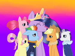 Size: 4160x3120 | Tagged: safe, artist:lightningbolt39, applejack, fluttershy, pinkie pie, rainbow dash, rarity, twilight sparkle, alicorn, earth pony, pegasus, pony, unicorn, g4, the last problem, alternate hairstyle, applejack's hat, clothes, coat, cowboy hat, crown, end of ponies, eyes closed, female, freckles, gradient background, hat, jewelry, mane six, mare, older, older applejack, older fluttershy, older mane six, older pinkie pie, older rainbow dash, older rarity, older twilight, older twilight sparkle (alicorn), princess twilight 2.0, regalia, shirt, twilight sparkle (alicorn)