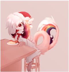 Size: 1600x1670 | Tagged: safe, artist:php146, oc, oc only, oc:ayaka, draconequus, alternate design, chest fluff, christmas, draconequus oc, ear fluff, eye clipping through hair, female, food, hat, holiday, hot dog, meat, multicolored hair, necktie, plate, santa hat, sausage, sitting, solo, stool, table