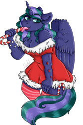Size: 1280x1920 | Tagged: safe, artist:streetlightsatnight, oc, oc only, oc:firefly, alicorn, changepony, hybrid, anthro, kindverse, alicorn oc, candy, candy cane, christmas, food, holiday, horn, interspecies offspring, magical lesbian spawn, offspring, parent:princess luna, parent:queen chrysalis, parents:chrysaluna, solo