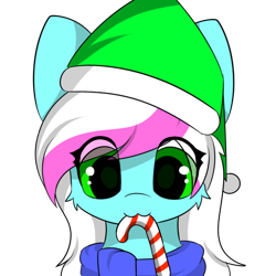 Size: 600x600 | Tagged: safe, artist:llhopell, oc, oc only, oc:soffy, earth pony, pony, candy, candy cane, christmas, clothes, food, hat, holiday, santa hat, scarf, simple background, solo, transparent background