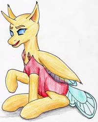 Size: 1877x2351 | Tagged: safe, artist:40kponyguy, derpibooru exclusive, oc, oc only, oc:ren the changeling, changedling, changeling, changeling oc, looking at you, male, simple background, solo, traditional art, wings, yellow changeling