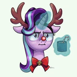 Size: 2048x2048 | Tagged: safe, artist:catscratchpaper, starlight glimmer, pony, unicorn, g4, :i, antlers, candy, candy cane, chocolate, christmas, female, floppy ears, food, high res, holiday, hot chocolate, i mean i see, jingle bells, red nose, simple background, solo