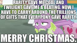 Size: 1920x1080 | Tagged: safe, edit, edited screencap, editor:useraccount, screencap, rarity, spike, dragon, pony, unicorn, dragon dropped, g4, abuse, caption, christmas, coal, comic, female, funny, holiday, image macro, implied abuse, implied beating, implied twilight sparkle, implied violence, male, mare, merry christmas, op is a duck, op is on drugs, op is trying to start shit, op is trying to start shit so badly that it's kinda funny, present, sad, screencap comic, solo focus, text, winged spike, wings