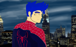 Size: 1280x800 | Tagged: safe, flash sentry, human, equestria girls, g4, humanized, looking back, male, new york city, night, solo, spider-man