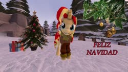Size: 1024x576 | Tagged: safe, artist:juanjobelic, sunset shimmer, pony, unicorn, g4, 3d, christmas, deviantart watermark, female, holiday, looking at you, mare, obtrusive watermark, smiling, solo, source filmmaker, spanish, watermark