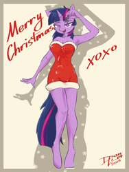 Size: 2840x3786 | Tagged: safe, artist:danli69, twilight sparkle, unicorn, anthro, unguligrade anthro, g4, armpits, bedroom eyes, christmas, clothes, dress, female, high res, holiday, looking at you, mare, mistletoe, no pupils, sexy, solo, unicorn twilight