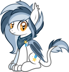 Size: 857x897 | Tagged: safe, artist:lightningbolt, derpibooru exclusive, oc, oc only, oc:cobalt comet, hybrid, pony, 2020 community collab, derpibooru community collaboration, g4, .svg available, bat wings, clothes, ear fluff, fangs, female, folded wings, happy, leonine tail, looking at you, paws, scarf, show accurate, simple background, sitting, slit pupils, smiling, solo, svg, transparent background, vector, wings