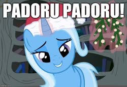 Size: 670x457 | Tagged: safe, trixie, pony, g4, christmas, female, golden oaks library, hat, holiday, mistletoe, padoru, santa hat, solo