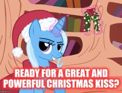Size: 655x499 | Tagged: safe, trixie, pony, unicorn, g4, bronybait, cape, christmas, clothes, female, glowing horn, golden oaks library, great and powerful, hat, hearth's warming, holiday, horn, levitation, magic, magic aura, mare, mistletoe, santa hat, solo, telekinesis, this will end in kisses