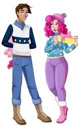 Size: 2950x4729 | Tagged: safe, artist:emberfan11, pinkie pie, oc, oc:copper plume, human, blushing, boots, bow, canon x oc, christmas, christmas sweater, clothes, commission, commissioner:imperfectxiii, copperpie, female, freckles, gift giving, glasses, hat, holiday, humanized, male, neckerchief, pants, plushie, polka dots, present, shipping, shoes, simple background, straight, sweater, white background