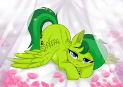 Size: 1024x726 | Tagged: safe, alternate character, alternate version, artist:rioshi, artist:sparkling_light, artist:starshade, part of a set, oc, oc only, oc:evergreen feathersong, pegasus, pony, bed, bedroom eyes, blushing, female, flower, looking at you, mare, solo, ych result