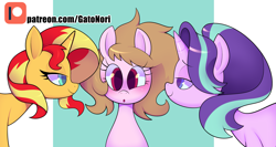 Size: 3507x1867 | Tagged: safe, artist:norithecat, starlight glimmer, sunset shimmer, oc, oc:coiled heart, pony, unicorn, g4, blushing, female, smiling, trio