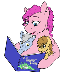 Size: 1446x1669 | Tagged: safe, artist:phobicalbino, pinkie pie, oc, oc:granite harrison rock, oc:panini patricia pie, earth pony, pony, g4, book, colt, female, filly, foal, half-siblings, male, mare, mother and child, offspring, parent:cheese sandwich, parent:pinkie pie, parent:pokey pierce, parents:cheesepie, parents:pokeypie, reading, simple background, the runaway bunny, white background