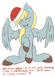 Size: 2480x3508 | Tagged: safe, artist:ardilya, derpy hooves, pony, g4, blushing, christmas, colorful, cute, digital art, female, hat, high res, holiday, offer, santa hat, sitting, smiling, solo, text