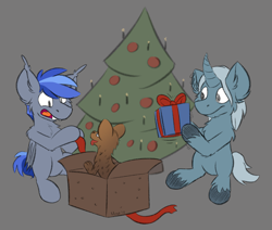 Size: 2589x2199 | Tagged: safe, artist:moemneop, oc, oc only, oc:prince rigel, bat pony, hyena, pony, christmas, christmas tree, gray background, high res, holiday, male, present, simple background, stallion, tree