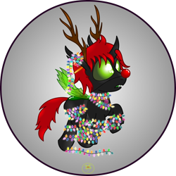 Size: 5000x5000 | Tagged: safe, artist:lakword, oc, oc only, oc:crypto, changeling, christmas, christmas changeling, christmas lights, green changeling, holiday, red nose, rudolph the red nosed reindeer, silly, solo, surprised, tangled up