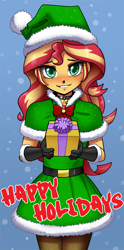 Size: 700x1414 | Tagged: safe, artist:johnjoseco, sunset shimmer, equestria girls, g4, bell, bell collar, blushing, christmas, clothes, collar, costume, cute, female, gift wrapped, happy holidays, hat, holiday, lidded eyes, looking at you, santa costume, santa hat, shimmerbetes, smiling, snow, snowfall, solo