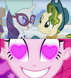 Size: 828x906 | Tagged: safe, edit, edited screencap, screencap, pinkie pie, pistachio, rarity, pony, unicorn, best gift ever, coinky-dink world, eqg summertime shorts, equestria girls, g4, female, heart eyes, male, meme, pinkie's eyes, raristachio, shipping, straight, wingding eyes