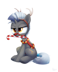Size: 2400x3000 | Tagged: safe, artist:confetticakez, part of a set, oc, oc only, oc:scope, pony, unicorn, angry, animal costume, annoyed, antlers, candy, candy cane, clothes, commission, costume, cute, food, grumpy, harness, high res, male, ocbetes, red nose, reindeer antlers, reindeer costume, royal guard, rudolph nose, simple background, sitting, solo, stallion, tack, white background, ych result