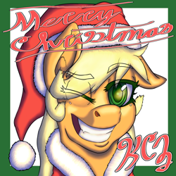 Size: 2000x2000 | Tagged: safe, artist:korencz11, applejack, earth pony, pony, g4, christmas, female, hat, high res, holiday, merry christmas, one eye closed, santa hat, simple background, smiling, solo, text, wink