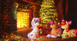 Size: 2970x1620 | Tagged: safe, artist:kelkessel, apple bloom, scootaloo, sweetie belle, earth pony, pegasus, pony, unicorn, g4, apple bloom's bow, bow, christmas, christmas lights, christmas stocking, christmas tree, clothes, cutie mark crusaders, eyes closed, female, filly, fireplace, hair bow, holiday, open mouth, prone, sitting, smiling, socks, tree, trio