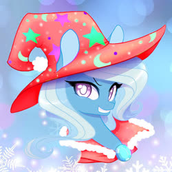 Size: 554x554 | Tagged: source needed, safe, artist:lolopan, edit, trixie, pony, unicorn, g4, bust, christmas, cute, diatrixes, female, grin, hat, holiday, mare, portrait, smiling, solo