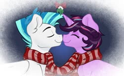 Size: 1280x790 | Tagged: safe, artist:cadetredshirt, oc, oc:saberspark, pegasus, pony, unicorn, christmas, clothes, holiday, mistletoe, scarf, shared clothing, shared scarf, two toned mane, ych result
