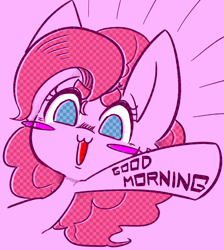 Size: 2162x2412 | Tagged: safe, artist:temmie-kun, artist:temmie_kun, pinkie pie, earth pony, pony, g4, :3, blush sticker, blushing, body writing, cute, diapinkes, female, good morning, high res, mare, no pupils, open mouth, pink background, pixiv, simple background, solo