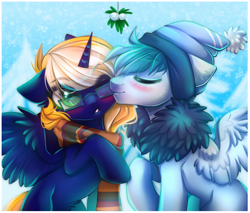 Size: 800x682 | Tagged: safe, artist:cabbage-arts, oc, oc only, oc:scirocco seaspray, oc:time vortex (kaifloof), alicorn, pegasus, pony, alicorn oc, beanie, christmas, clothes, commission, commissioner:iguessimabronynow, duo, glasses, hat, holiday, horn, male, mistletoe, oc x oc, pegasus oc, scarf, shipping, ych result