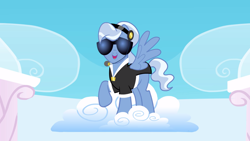 Size: 2880x1620 | Tagged: safe, screencap, madden, pegasus, pony, g4, sonic rainboom (episode), clothes, cloud, looking at you, male, stallion, standing on a cloud, sunglasses