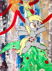 Size: 1400x1903 | Tagged: safe, artist:aquilateagle, derpy hooves, pegasus, pony, a hearth's warming tail, g4, season 6, canvas, christmas, christmas tree, cute, decoration, derpabetes, derpy star, female, hearth's warming, hearth's warming tree, holiday, painting, scene interpretation, solo, stars, tree, twilight's castle