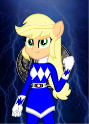 Size: 516x714 | Tagged: safe, artist:cam-and-sister-paint, applejack, equestria girls, g4, blue ranger, female, kyoryu sentai zyuranger, mighty morphin power rangers, ponied up, power rangers, solo, triceraranger