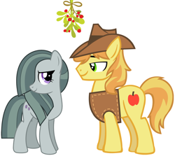 Size: 2092x1869 | Tagged: safe, braeburn, marble pie, earth pony, pony, g4, braeble, christmas, female, hearth's warming, heartwarming, holiday, looking at each other, male, mare, mistleholly, romance, romantic, shipping, smiling, stallion, straight