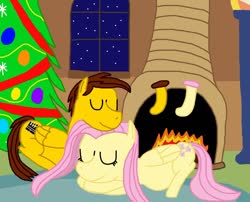Size: 1280x1035 | Tagged: safe, artist:sb1991, fluttershy, oc, oc:film reel, pegasus, pony, g4, christmas, christmas stocking, christmas tree, clothes, fireplace, fluttershy's cottage, hearth's warming, hearth's warming eve, holiday, lamp, pregnant, snow, stockings, thigh highs, tree