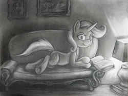 Size: 1600x1200 | Tagged: safe, artist:darkdoomer, trixie, pony, unicorn, g4, bedroom eyes, book, couch, female, lamp, looking at you, mare, monochrome, picture frame, prone, reading, solo, traditional art