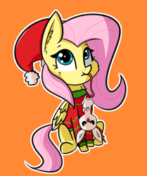Size: 1326x1586 | Tagged: safe, artist:artiks, angel bunny, fluttershy, pegasus, pony, g4, angel bunny is not amused, antlers, cheek fluff, christmas, christmas sweater, clothes, cute, ear fluff, female, hat, holiday, mare, neck fluff, orange background, reindeer antlers, santa hat, shyabetes, simple background, sweater