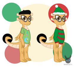 Size: 1385x1257 | Tagged: safe, artist:wheatley r.h., derpibooru exclusive, oc, oc only, oc:myoozik the dragon, dragon, beret, christmas, clothes, cutie mark, cutie mark on clothes, dragon oc, female, folded wings, glasses, happy, hat, holiday, melody the dragoness, rule 63, shirt, simple background, solo, sweater, vector, watermark, wings