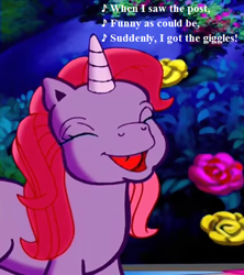 Size: 512x576 | Tagged: safe, edit, edited screencap, editor:korora, screencap, cheerilee (g3), pony, unicorn, a very pony place, come back lily lightly, g3, cropped, cute, eyes closed, female, flower, g3 cheeribetes, get the giggles, laughing, low effort, lyrics, mare, reaction image, solo, song reference, text
