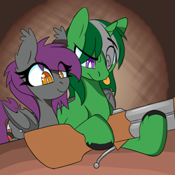 Size: 3080x3080 | Tagged: safe, artist:niggerdrawfag, oc, oc only, oc:anneal, bat pony, pony, unicorn, bat pony oc, commission, couple, female, gun, high res, male, mare, simple background, stallion, straight, tongue out, weapon